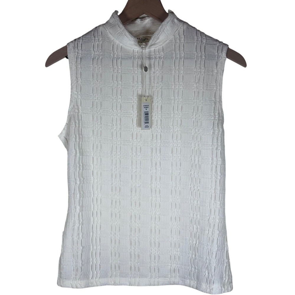 MAX STUDIO London Cream BOHO Sleeveless Mock Neck Top NWT Textured Blouse Size M